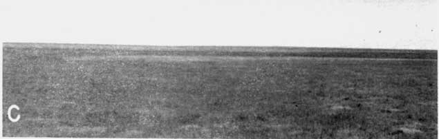 Black and white photo of flat landscape with a depression in the distance.