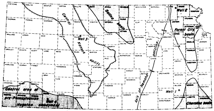 Forest City basin from Brown and Doniphan south to Anderson; CHerokee basin in far SE counties; Salina basin from SMith, Jewellm abd Republic counties south to Ottawa; Central Kansas uplift extending from Pratt and Stafford NW to Rawlins, Decatur and Norton.