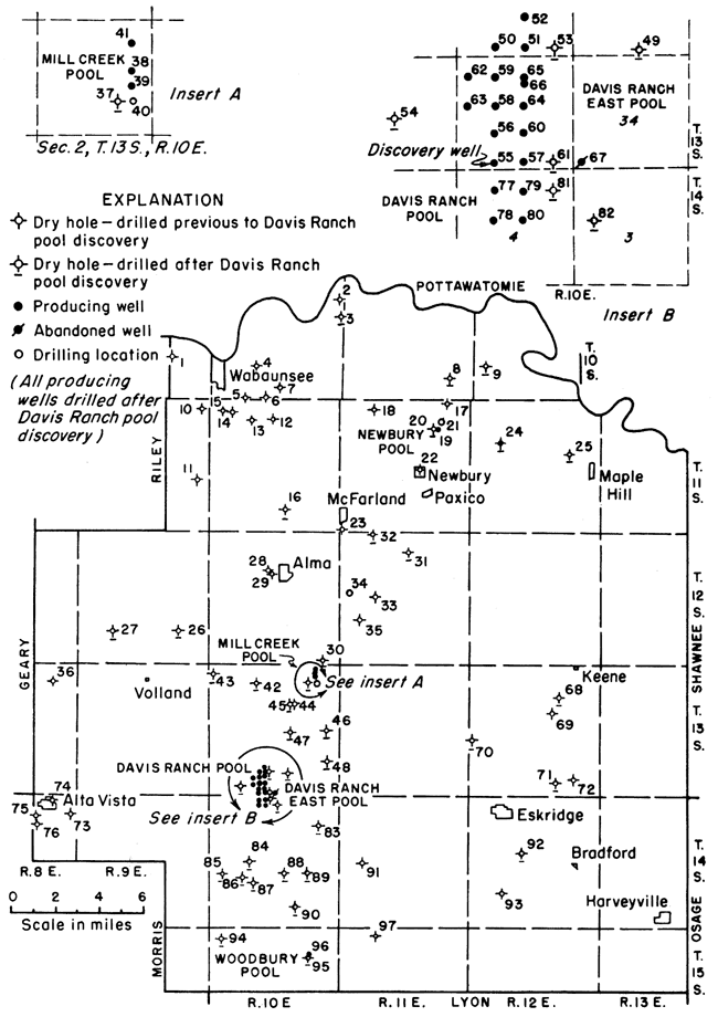 Oil and gas wells in Wabaunsee County; virtually all producing wells are in Davis Ranch or Mill Creek pools