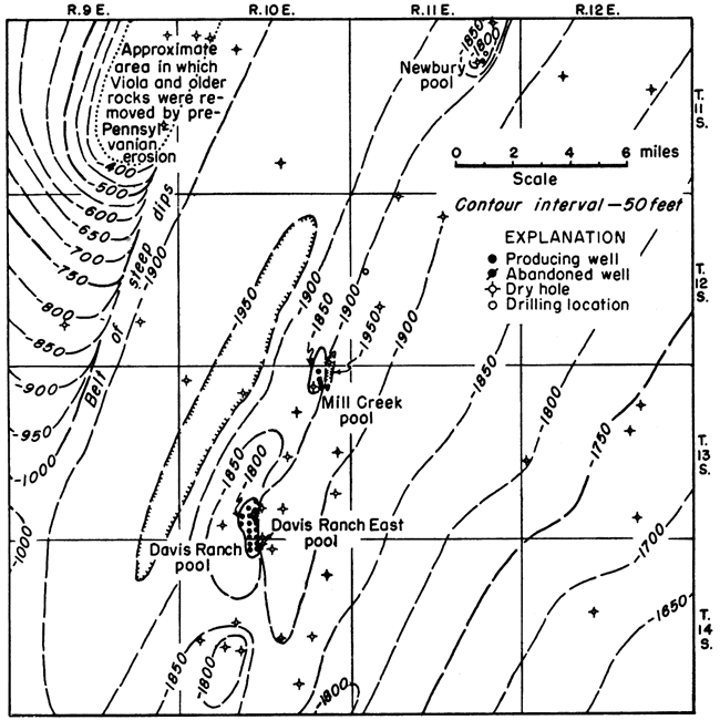 Contours show depths of -1650 to -1950 below sea level on east side of fault; -400 to -100 on west side.
