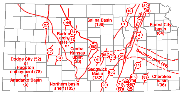 map of Kansas showing major structures, post-Mississippian