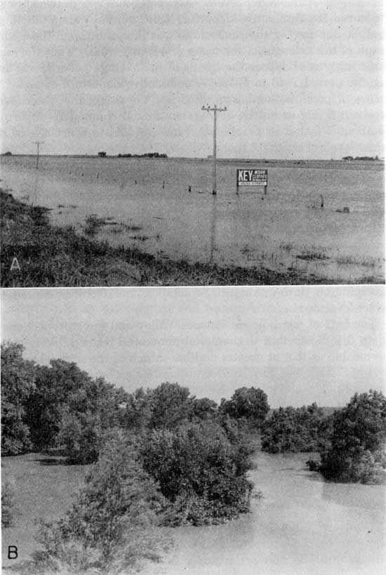 Black and white photos of flood water in Pawnee River valley.