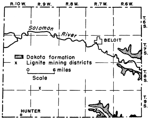 Very little outcropping Dakota; mines in SE, SW.