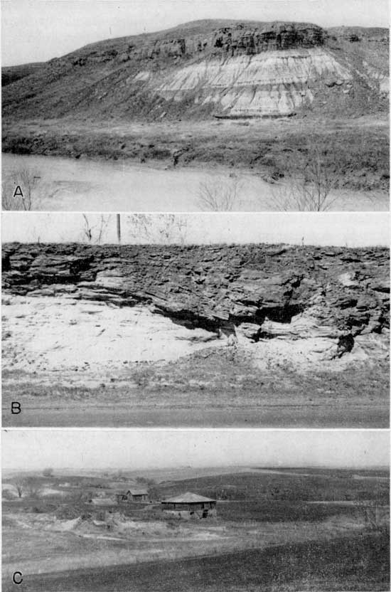 Three black and white photos; top show resistant bed over erodable shales and clays; middle shows sandstone outcrop; bottom shows small buildings and tailings piles of mining area.