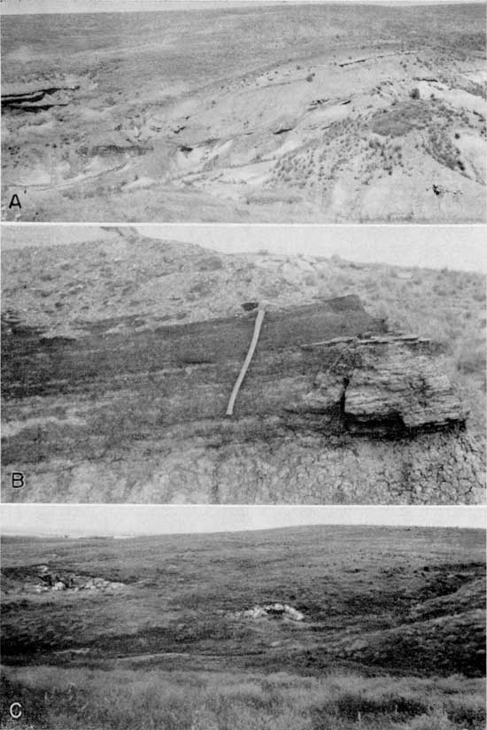 Three black and white photos of outcrops and mine workings.