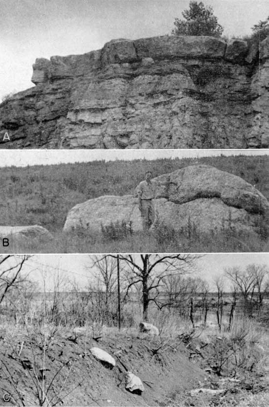 Three black and white photos of Topeka Limestone, quartzite boulder transported by glacier, and weathered till.