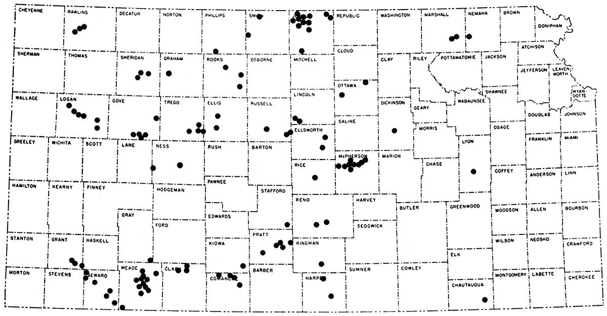 Most deposits are in central and western Kansas; largest concentration in McPherson, Jewell, and Meade.