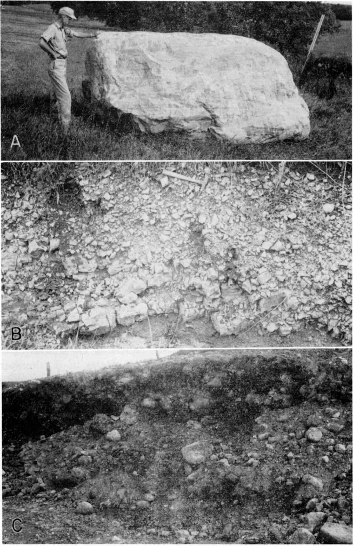Three black and white photo; top is of boulder, 5 feet tall and 12-15 feet across; middle is of rubble in outcrop; bottom is of Kansan outwash (Meade formation) outcrop.