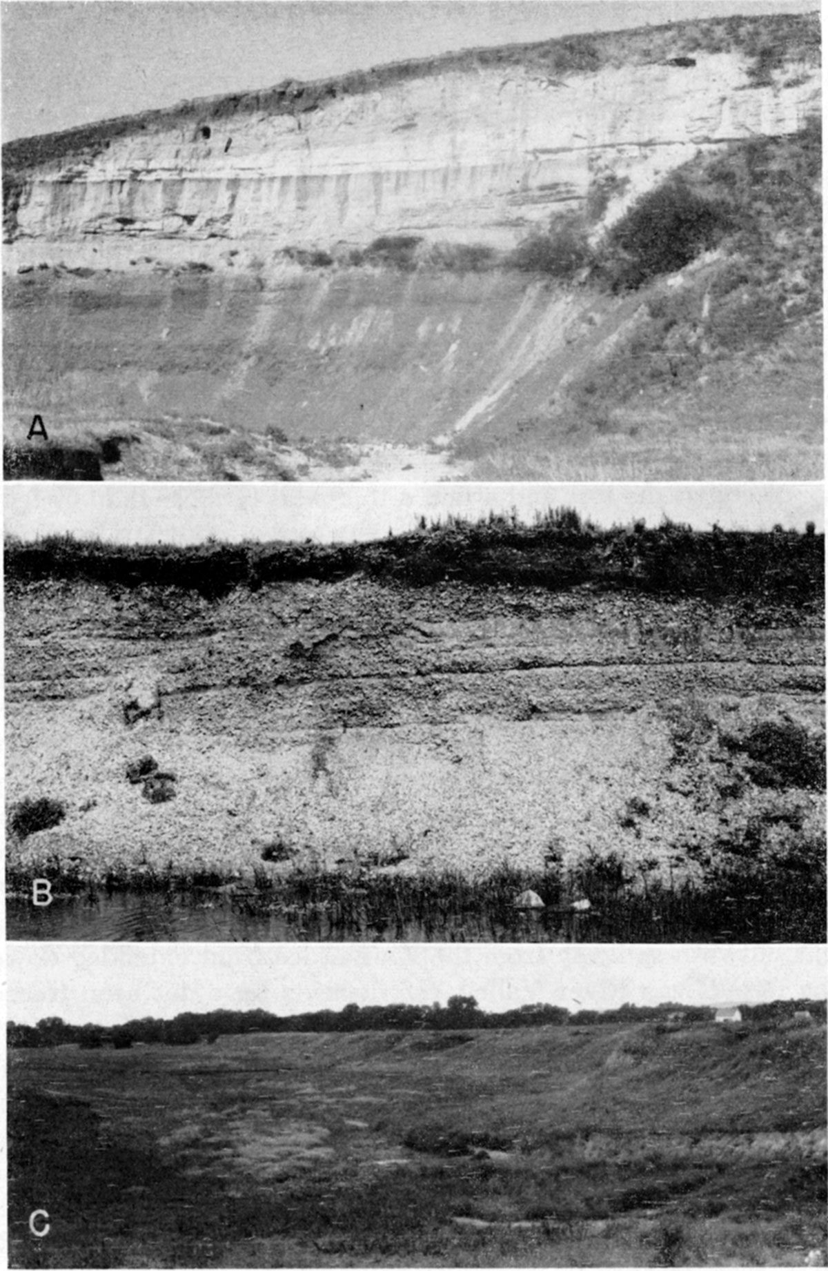 Three black and white photos; bright outcrop is part of grass-covered hill, bedding in uppper zones, lower part of hillside is less resistant and grayer; very gravely outcrop, 10-12 feet high, water at base; grass covered hills, not steeply sides, trees in background.