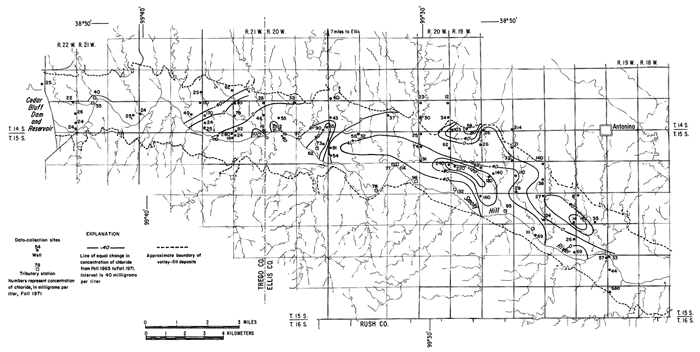 Map of area from Antonio in east to Cedar Bluff Dam in west showing chloride concentration.