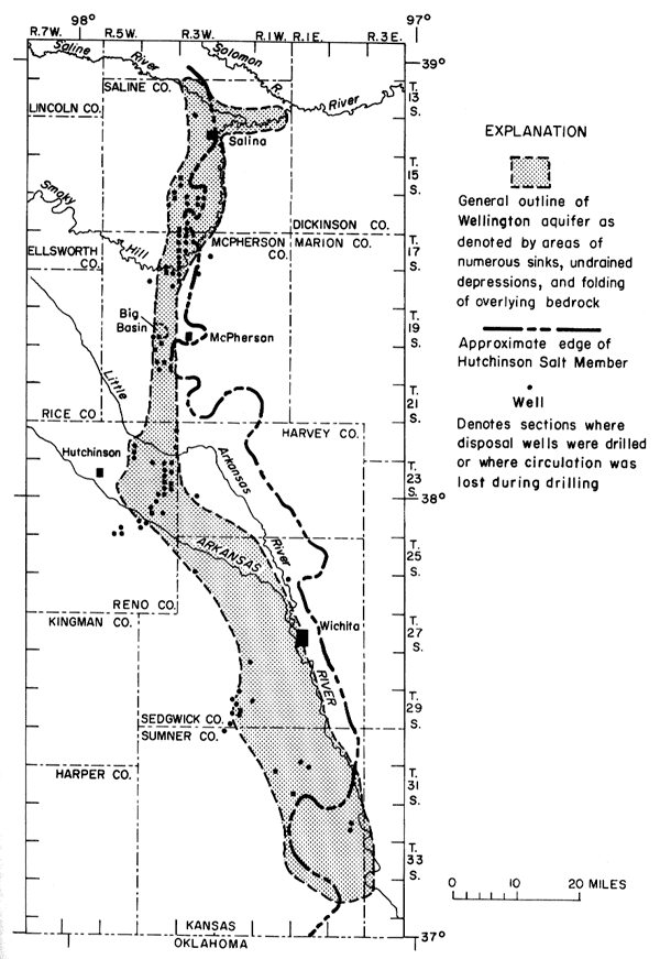 Edge of salt is within boundary of Wellington in Sumner; salt edge to east of aquifer in Sedgwick, Harvey, and McPherson; within aquifer in Saline.