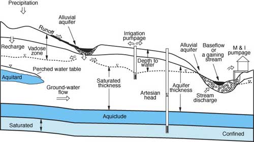 Diagram of subsurface showing various processes in hydrologic cycle.