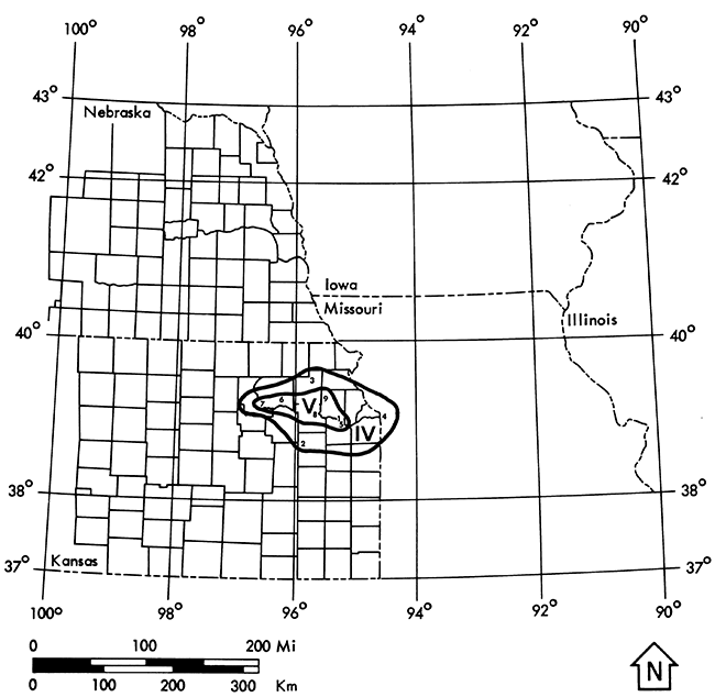 Isoseismal map of the November 8, 1875 earthquake in Kansas.