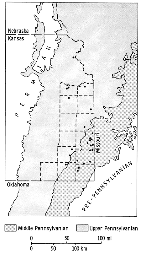 Middle Pennsylvanian in far SE Kansas; Upper Pennsylvanian in band from Montgomery and Chautauqua counties north to Brown and Doniphan.