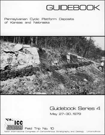 cover of guidebook; white paper with black text; black and white photo of researcher studying outcrop