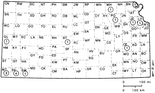Map of Kansas showing locations of Folsom projectile points recorded.
