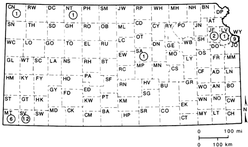 Map of Kansas showing locations of other types of projectile points recorded.