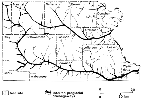Map of NE Kansas showing inferred preglacial drainage.