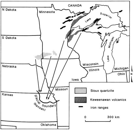 Glacial erratics came from a small area in SE South Dakota and SW Minnesota, and from areas around the western end of present-day Lake Superior.