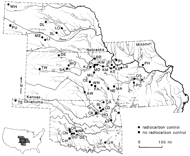 Map of Nebraska, Missouri, Oklahoma, and Kansas showing localities discussed and status of radiocarbon control.