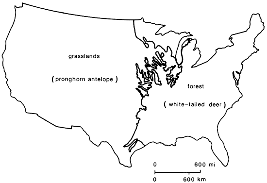 Map of United States; grasslands (pronghorn antelope) in western half and forest (white-tailed deer) to east.