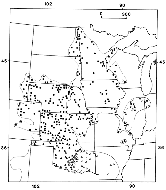 Map of central United States from Oklahoma-Arkansas north showing distribution of gophers.