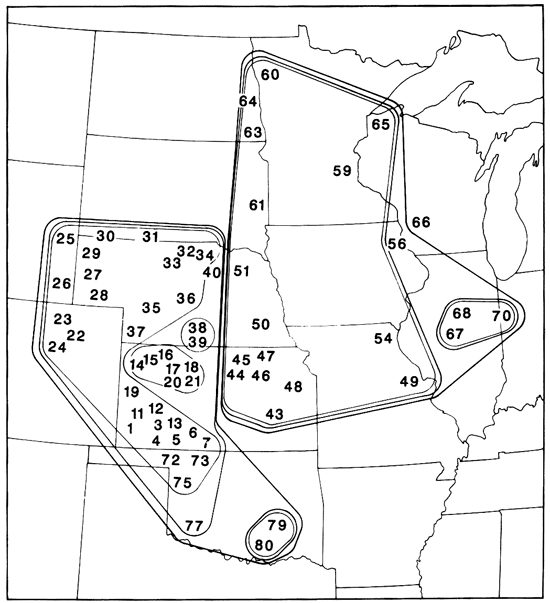 Map of central United States from Oklahoma-Arkansas north showing distribution of gophers.