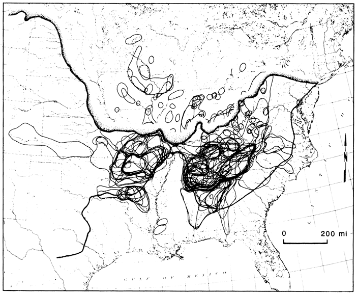 Map of western US and southern Canada showing extent of glaciers and distribution of central highland fishes.