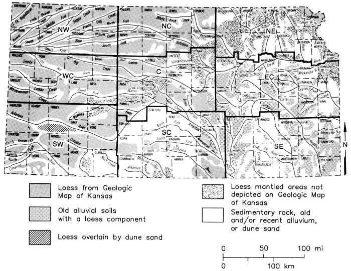 Map of Kansas showing alluvium found along rivers, loess and dune sands in SW Kansas, and otehr zreas of mapped and unmapped loess.