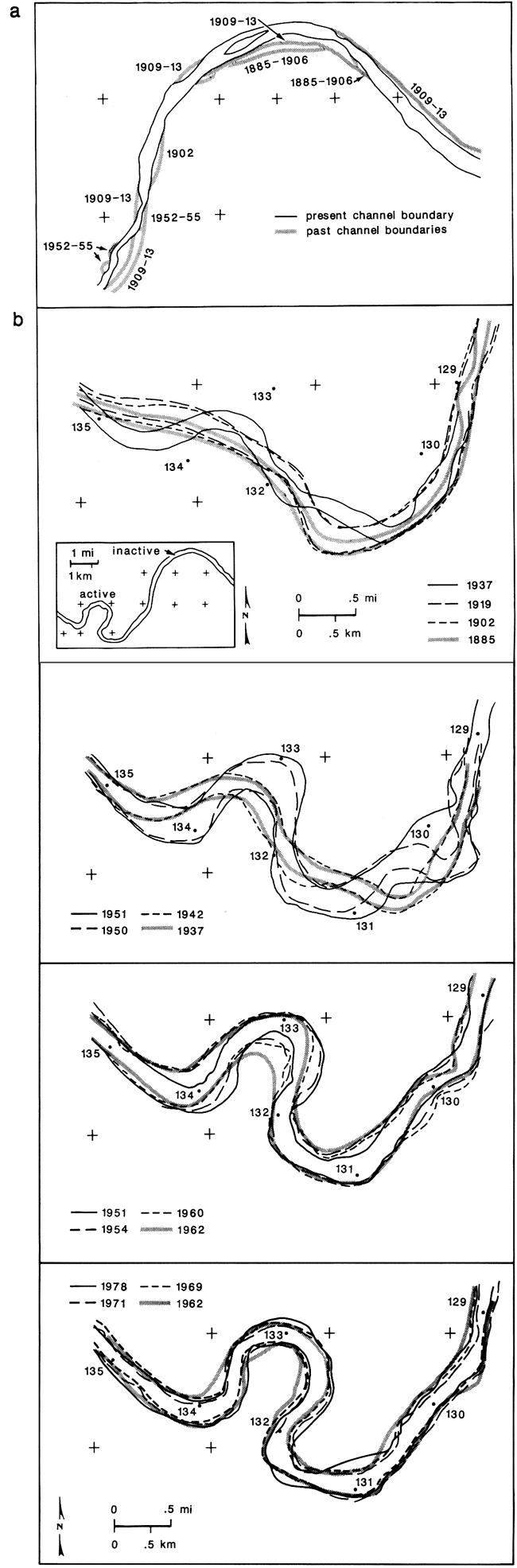 1 map from and inactive channel and 4 from an active area of the river channel.