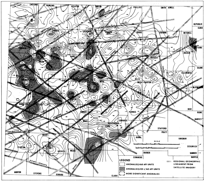 Map of western Kansas with regional lineaments and gamma-ray log values; highs in Ford-Gray, Gove-Ness areas, and large area from Hamilton-Geary north to Wallace-Sherman
