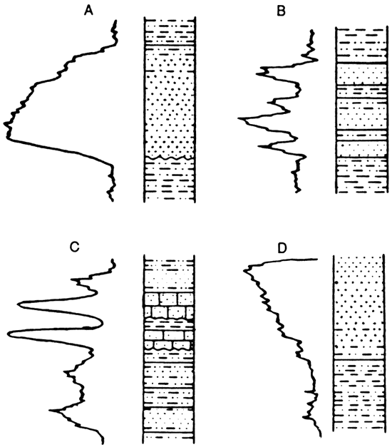 Four example lithologic logs and associated gamma ray logs.