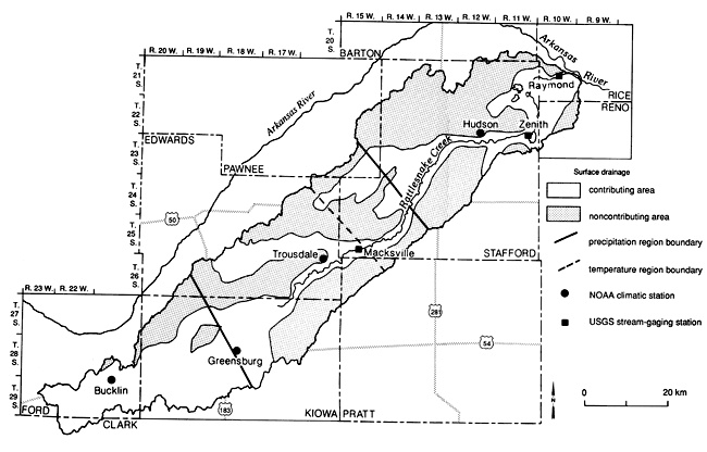 Rattlesnake Creek watershed; climate station at Bucklin, Greensburg, Trousdale, and Hudson; stream-gaging station at Macksville, Zenith, and Raymond.