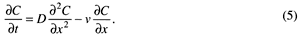 Change in concentration with time is related to the dispersion times the acceleration of the concentration with respect to space and the change in concentration in space adjusted by the pore velocity.