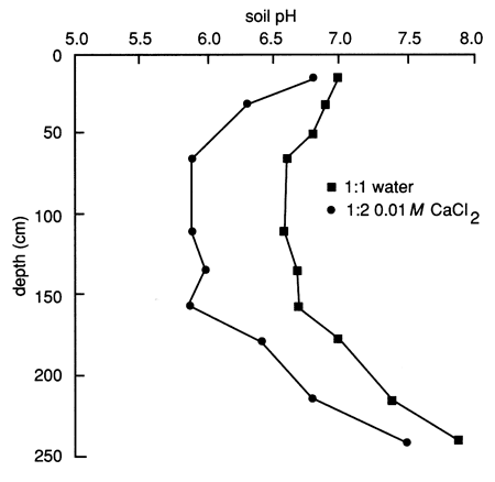 pH at 7 at surface, drops to 6 at 50-150 cm, rises to 8 at 250 cm.