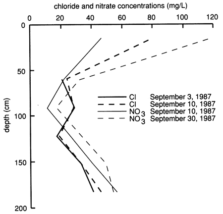 Chloride and nitrate concentrations at three dates, plotted against depth.