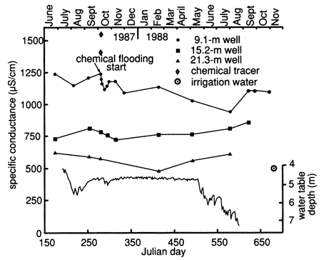 Specific conductance displayed over several months (as well as water table).