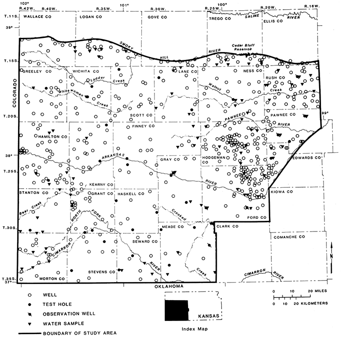 Map of southwestern Kansas showing locations of wells and test holes.
