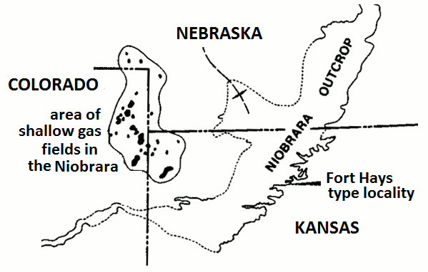 Map of NW Kansas, eastern Colorado, and SW Nebraska showing location of Niobrara outcrop and gas field.