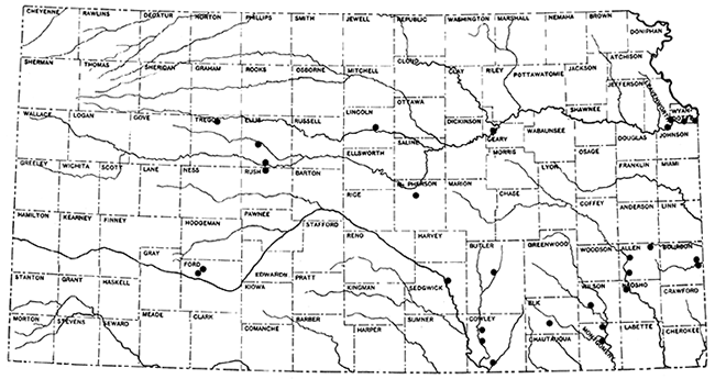 Index map of Kansas, showing location of outcrops sampled for testing for rock wool.
