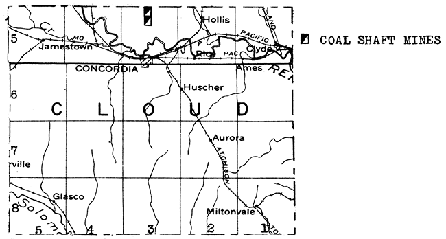 Map of Cloud County showing coal shaft mines.