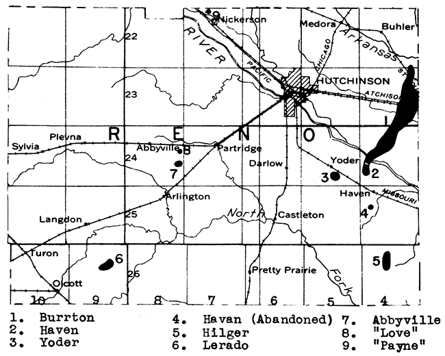 Map of Reno County showing oil and gas fields.