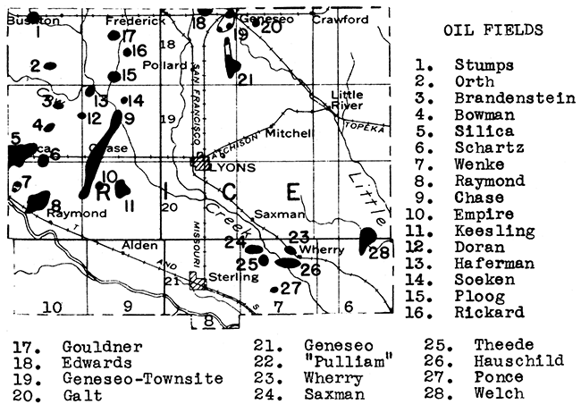 Map of Rice County showing oil and gas fields.