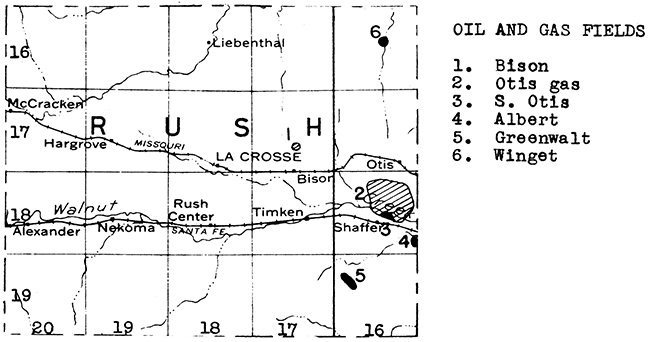 Map of Rush County showing oil and gas fields.