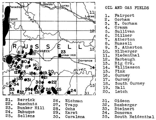Map of Russell County showing oil and gas fields.