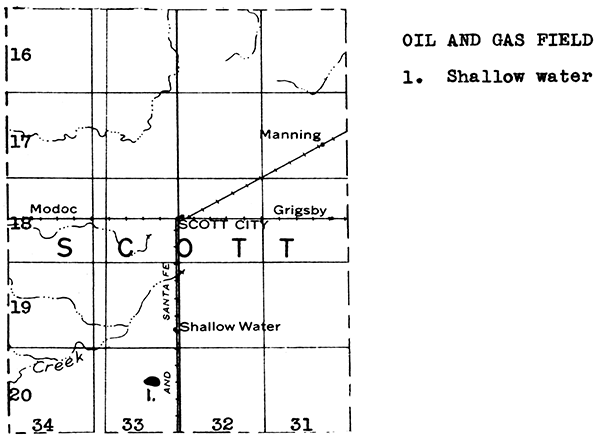 Map of Scott County showing oil and gas fields.