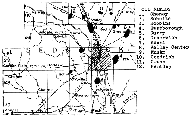 Map of Sedgwick County showing oil and gas fields.