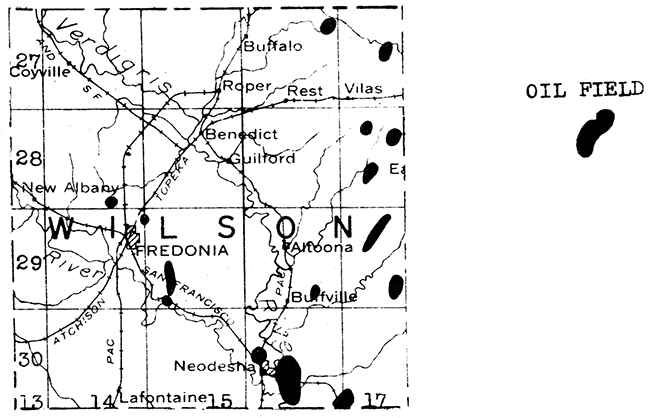 Map of Wilson County showing oil and gas fields.