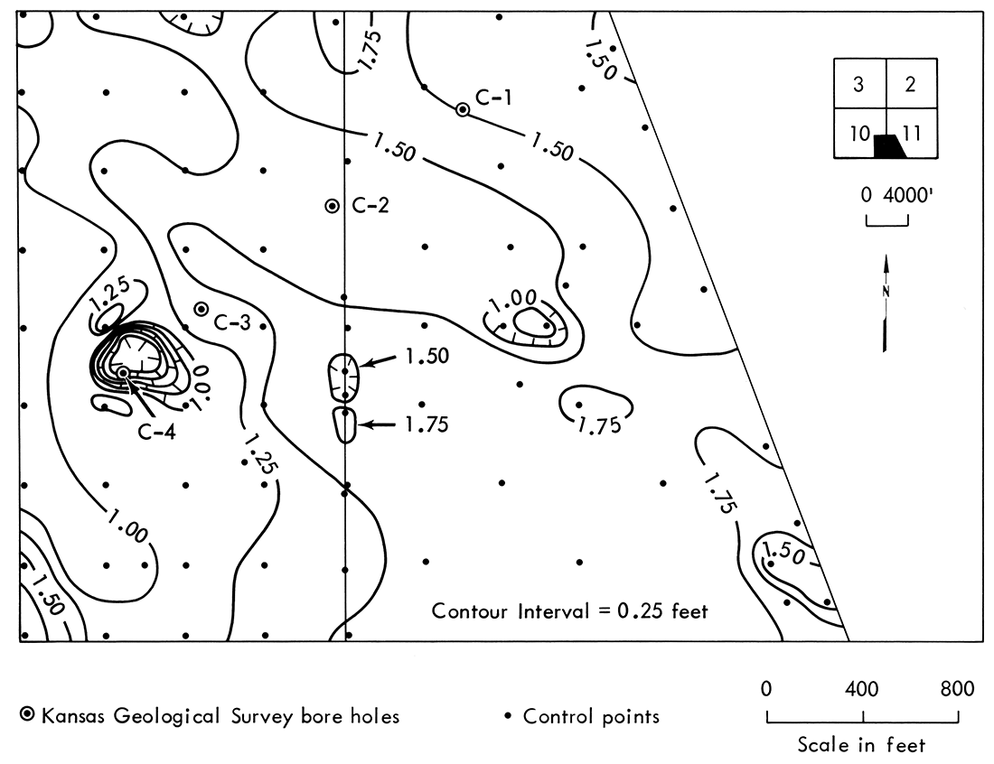 Map of the thickness of the Rowe coal, E2, SE, Sec. 10 and W2, SW, Sec. 11, T. 31 S., R. 25 E. Data from Clemens Coal Company drilling records.