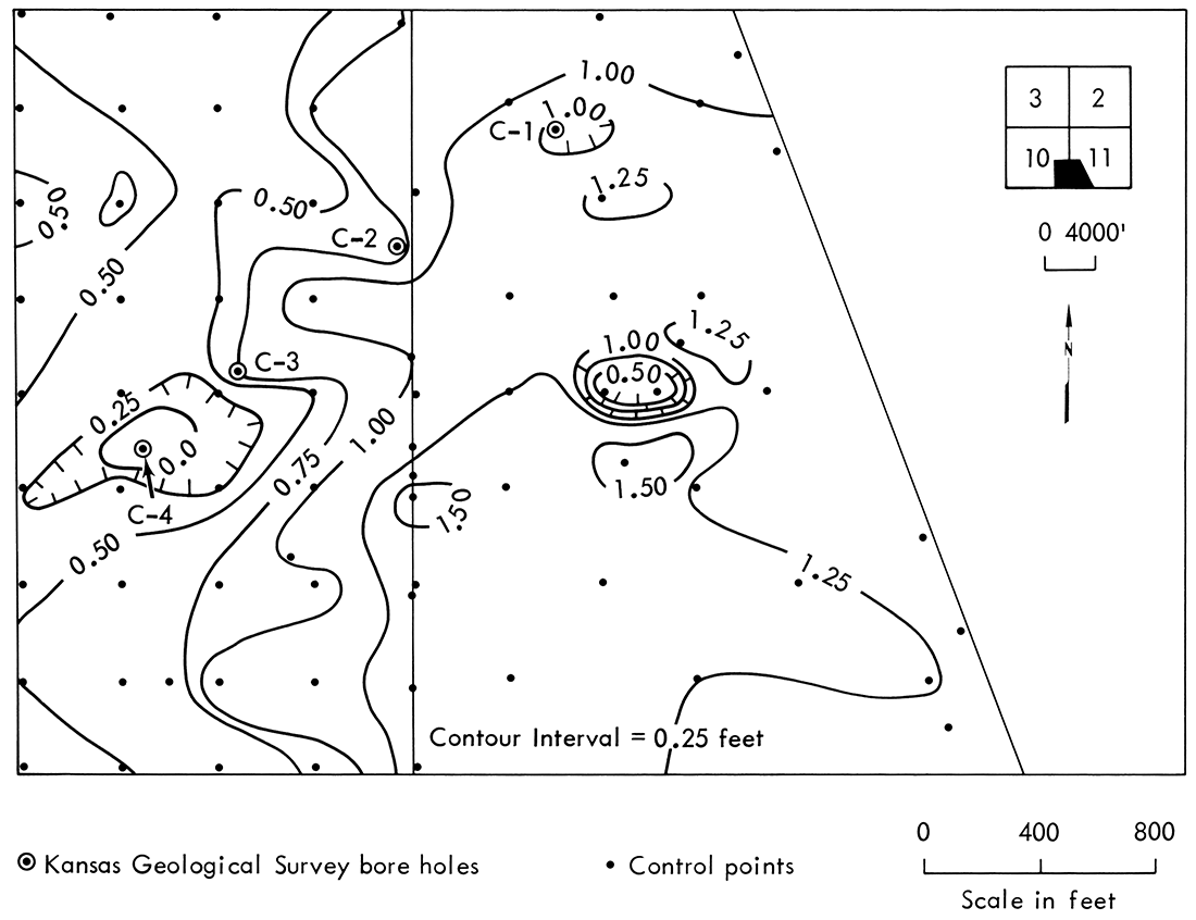Map of the thickness of the Dry wood coal, E2, SE, Sec. 10 and W2, SW, Sec. 11, T. 31 S., R. 25 E. Data from Clemens Coal Company drilling records.